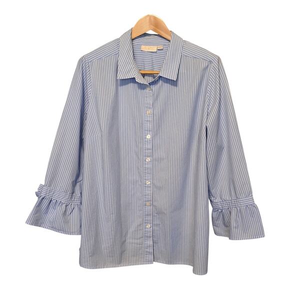 Belle Kim Gravel Button Up Womens Size 2X Blue White Stripe Flared Ruffle Cuffs - Picture 1 of 9